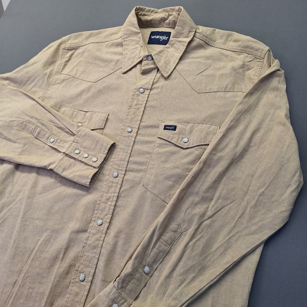 Wrangler Mens Western Snap Shirt XL Khaki Tan Cotton Raw Hem Rodeo Chore Cowboy